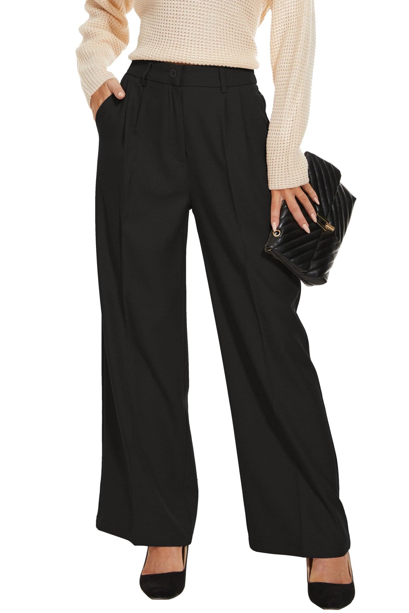 FUNYYZO Women Wide Leg Pants High Elastic Waisted in The Back Business Work Trousers Long Straight Suit Pants