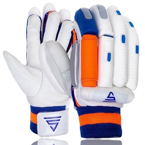 VERSANT Goat Cricket Batting Gloves (White-Orange-Blue, Men Size, Right Handed), Leather, Medium EN SIZE