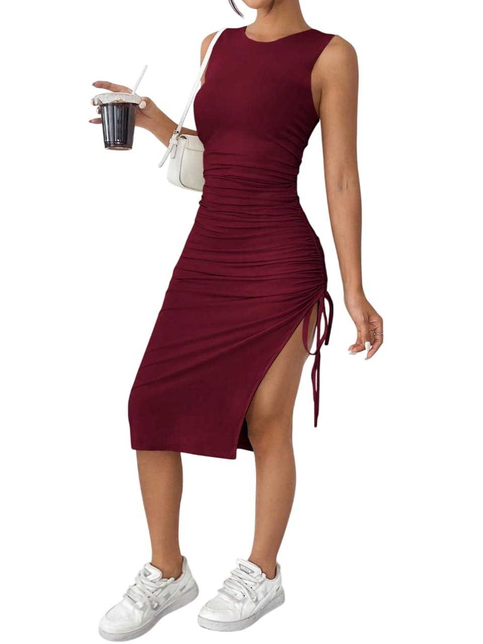 KATECLO Knitted Sleeveless Women Pleated Side Slit Hem Round Neck Bodycon Dress Women's & Girls' (in, Alpha, M, Maroon)