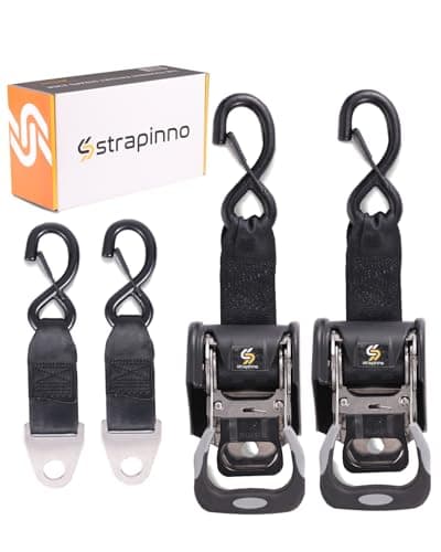 Strapinno 2PCS Stainless Steel Retractable Ratchet Straps (1 7/8 in x 4 ft) Heavy Duty Transom Tie-Downs with Extension Straps, Bolt Set & Safety Latch S-Hooks,for Boat,Break Strength 1,650LBS/750KG