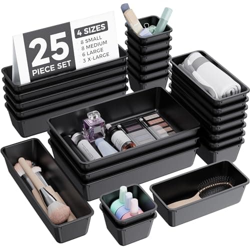 BiuLeon 25 PCS Plastic Drawer Organizers Set 4Sizes Vanity and Makeup Organizer Desk and bathroom Drawer Organizer Trays Organizers and Storage for Makeup Jewelry Gadgets Utensils Black