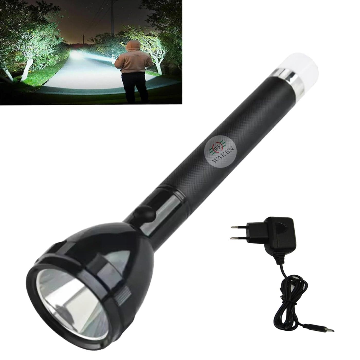 WAKEN 50W LED Torch Tripple Light Mode Strong Beam 1km Range COB Tracking Light Rechargeable Dual Liion Battery Plastic 1Pc 300 Lumen