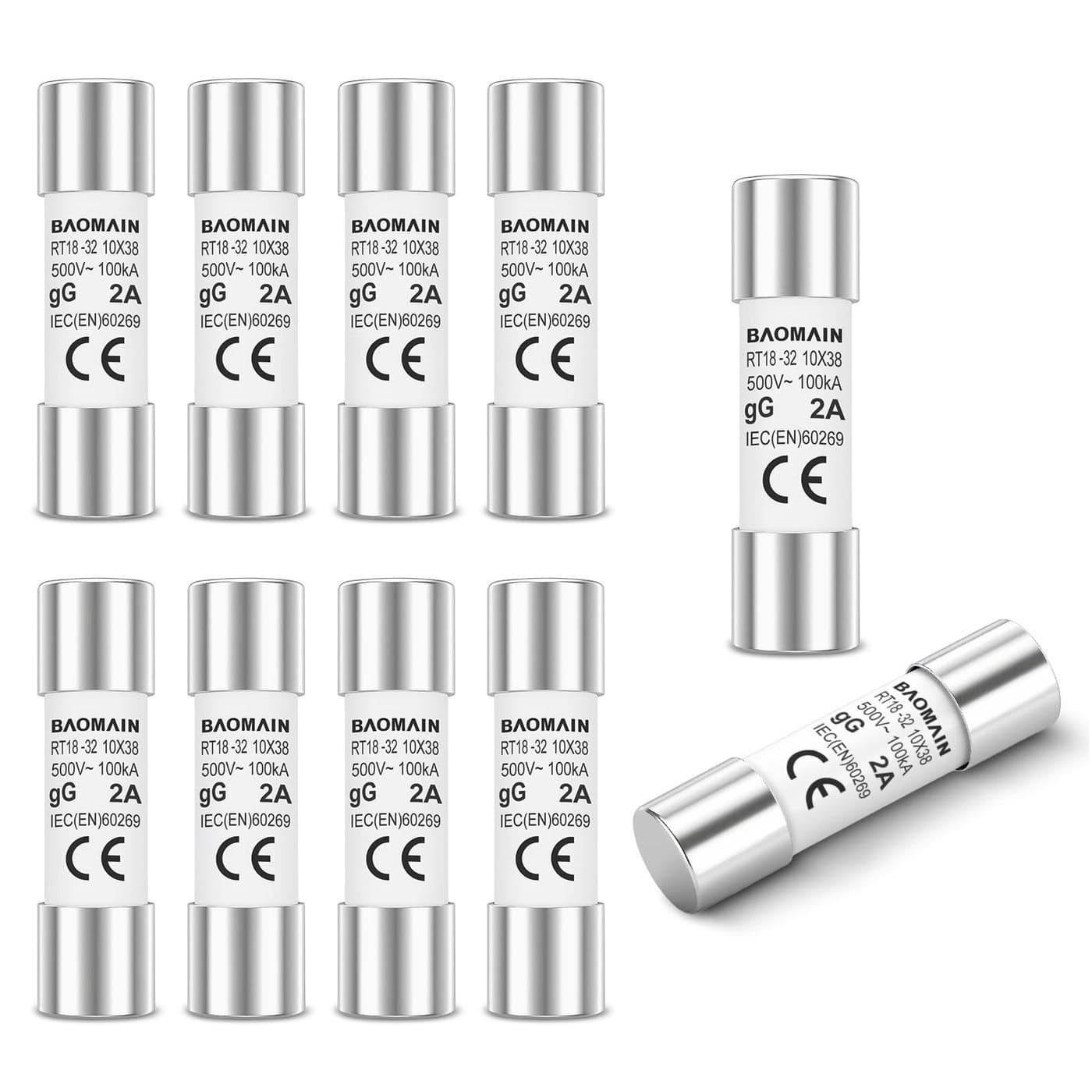 Baomain 10Pack 2A Fuse Link RT1832 RO15 RT14 RT19 Cylindrical Ceramic Tube 10x38mm 500V CE Listed