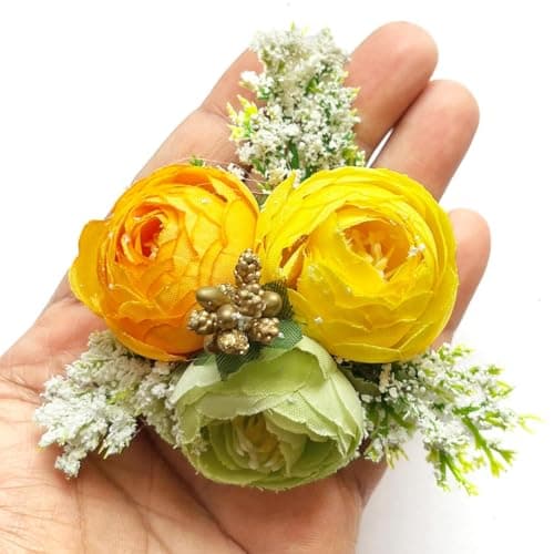 ADIKALA Set of 6 Handmade Artificial Peonies Flower Bunch for Hamper, Flower Brooch Hamper for Decoration, Gifting, Trousseau Packing | Flower Bunch (Yellow)
