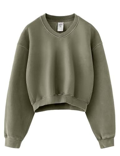 Hatant Sweatshirt for Women Acid Wash Athletic Hoodies Heritage Fleece V-neck Long Sleeve Hoodie Y2K Crop Pullover Women Sweatshirt Cotton Fleece Lined Hoodies Workout Pullover Shirt Green-L