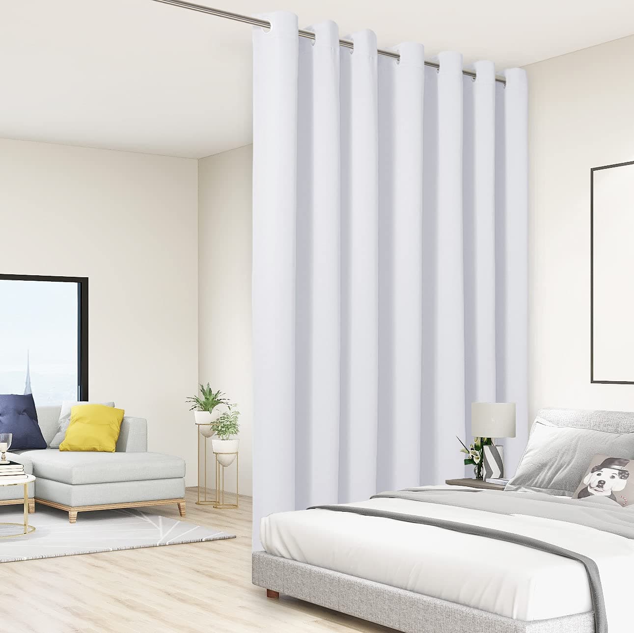 BONZER Extra Wide Room Divider Curtain Screen Partitions Total Privacy Wall Blackout Curtains for Shared Room 108L x 108W Inch 9L x 9W ft 1 Panel Greyish White
