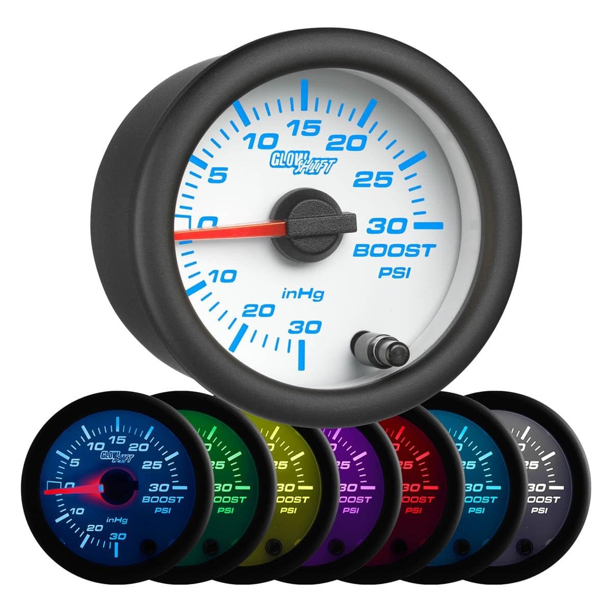 GlowShift White 7 Color 30 PSI Turbo BoostVacuum Gauge Kit Includes Mechanical Hose TFitting Wiring MultiColor Display White Dial Clear Lens for Car Truck 2116 52mm
