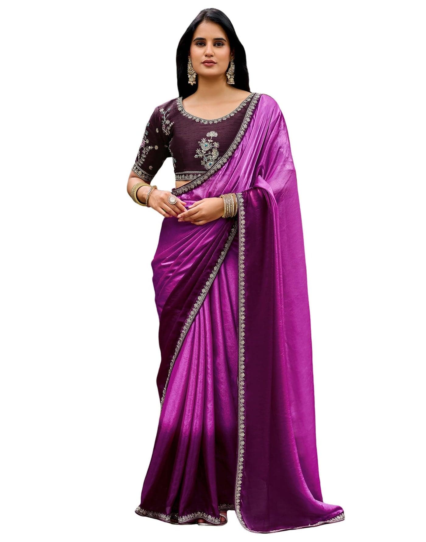 SIRIL Women's Tissue Silk Sequence Embroidery Lace Ombre Saree With Embroidery Unstitched Blouse Piece (4864S872_Light Purple)