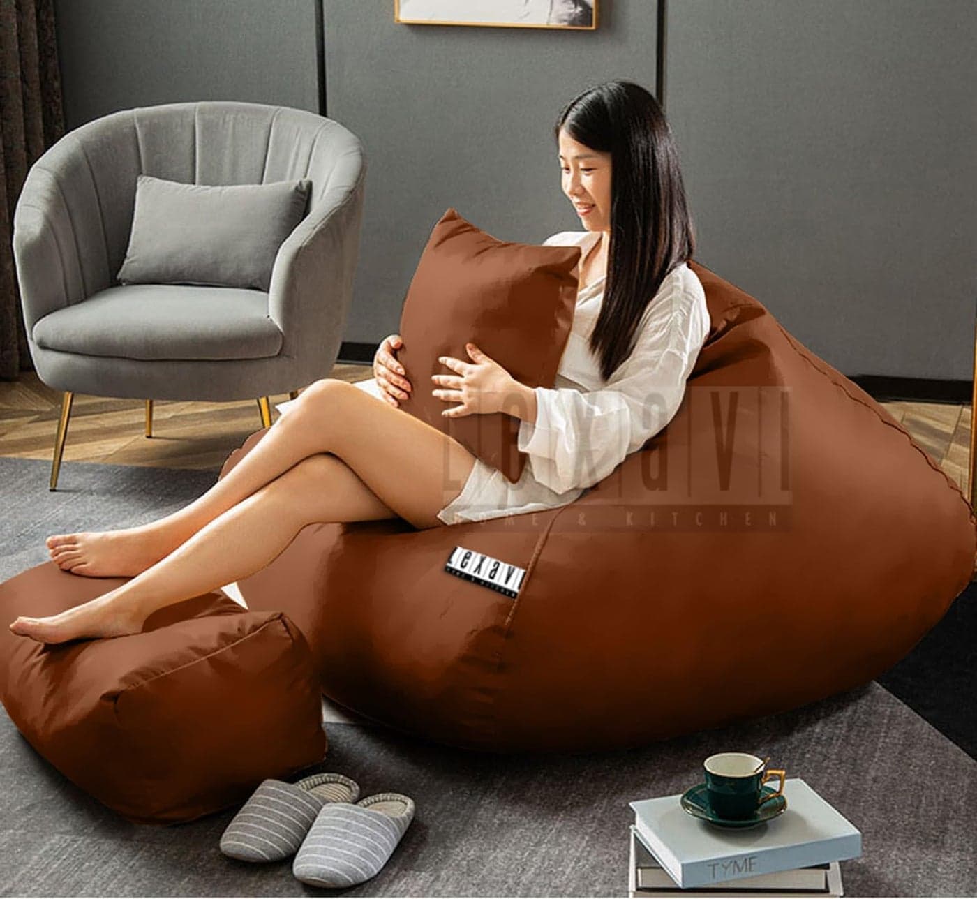 LEXAVI Brand Lifestyle Suits Your Home Decore Suede Faux Leather Jumbo Beanbag Combo with Footrest Pillow Cover Only Capacity Upto 6Ft Height120 KG Weight Color 6XL Dark TAN