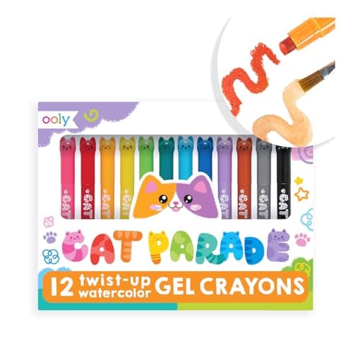 Ooly Cat Parade Gel Crayons for Kids and Adults - Set of 12 Rainbow Color Crayons for Glass and Paper Surfaces with Cat-Shaped, Twist-Up Caps - Smooth Gliding Gel Crayon Set