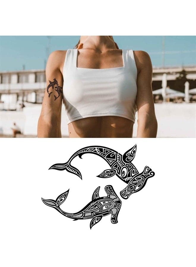6 Sheets Temporary Fake Tattoos For Men Adults Hammer Sharks in Maori Tribal Style Temporary Fake Tattoo For Women Neck Arm Chest For Woman