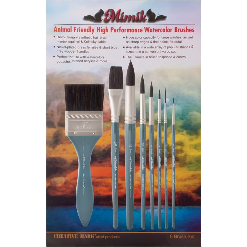 Creative Mark Mimik Professional Watercolor Brushes Value Set of 8 Synthetic Squirrel Hair Natural Bristle Artist Brushes for Watercolors Gouache Acrylics