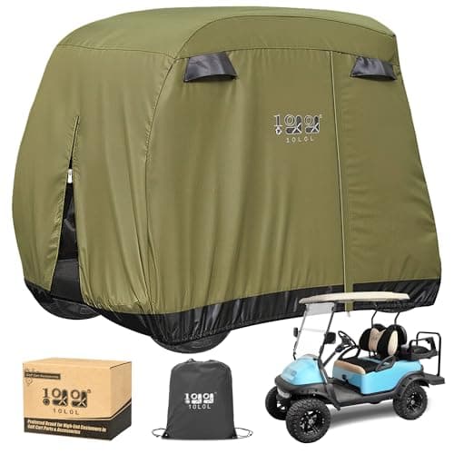 10L0L Golf Cart Cover 2/4/4+2 Passenger for Yamaha EZGO Club Car, Heavy Duty 420D Waterproof Windproof Durable Polyester Golf Cart Cover with 3 Zipper Doors for All-Weather Protection - Army Green