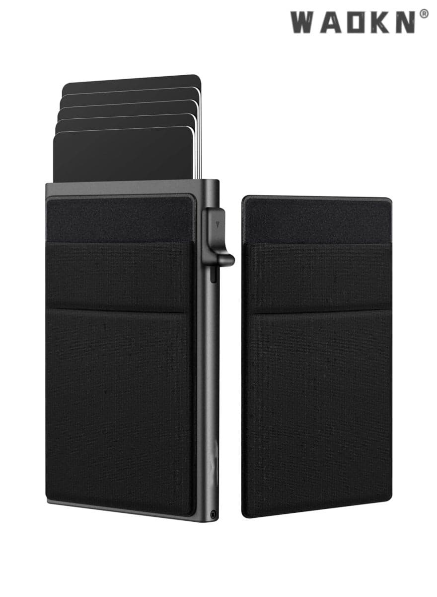 Trendy Black Minimalist Card Protector with Integrated RFID Blocking Technology, Ultra-Thin Metal Material, Convenient Pop-Up Design, With Money Pocket and Credit Card Slots