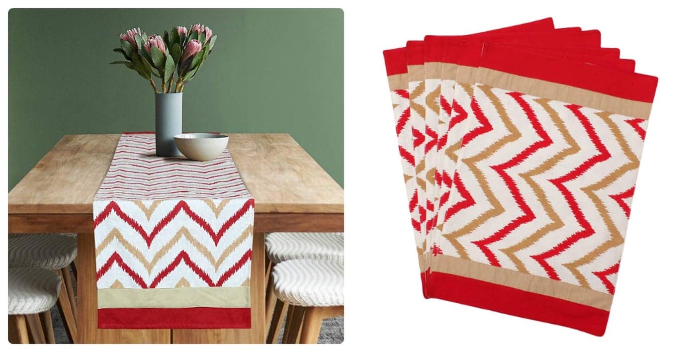 Dekor World Chevron Printed Red Cotton Table Runner with 4 Pcs Place Mat (33x120cm/33x47cm) (Pack of 5 Piece)-4 Seater Dinning & Center Table