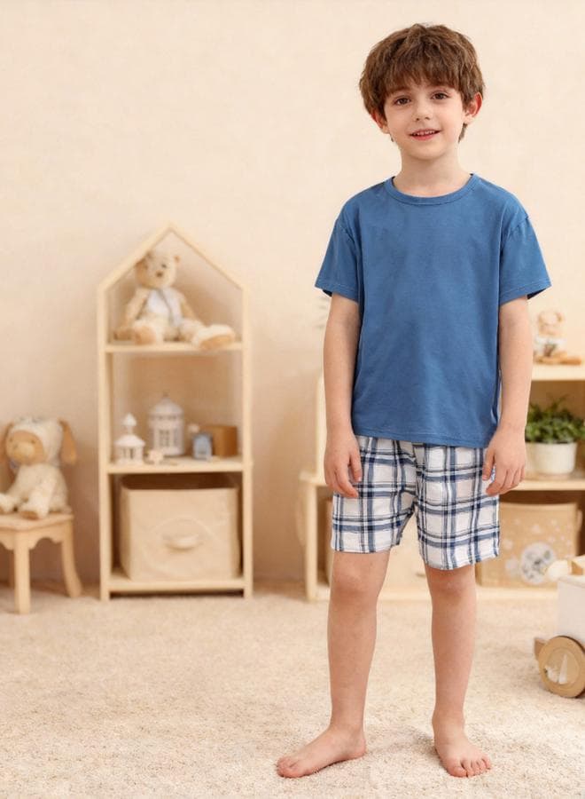 Boys Blue T-Shirt And Checkered Shorts Pyjama Set