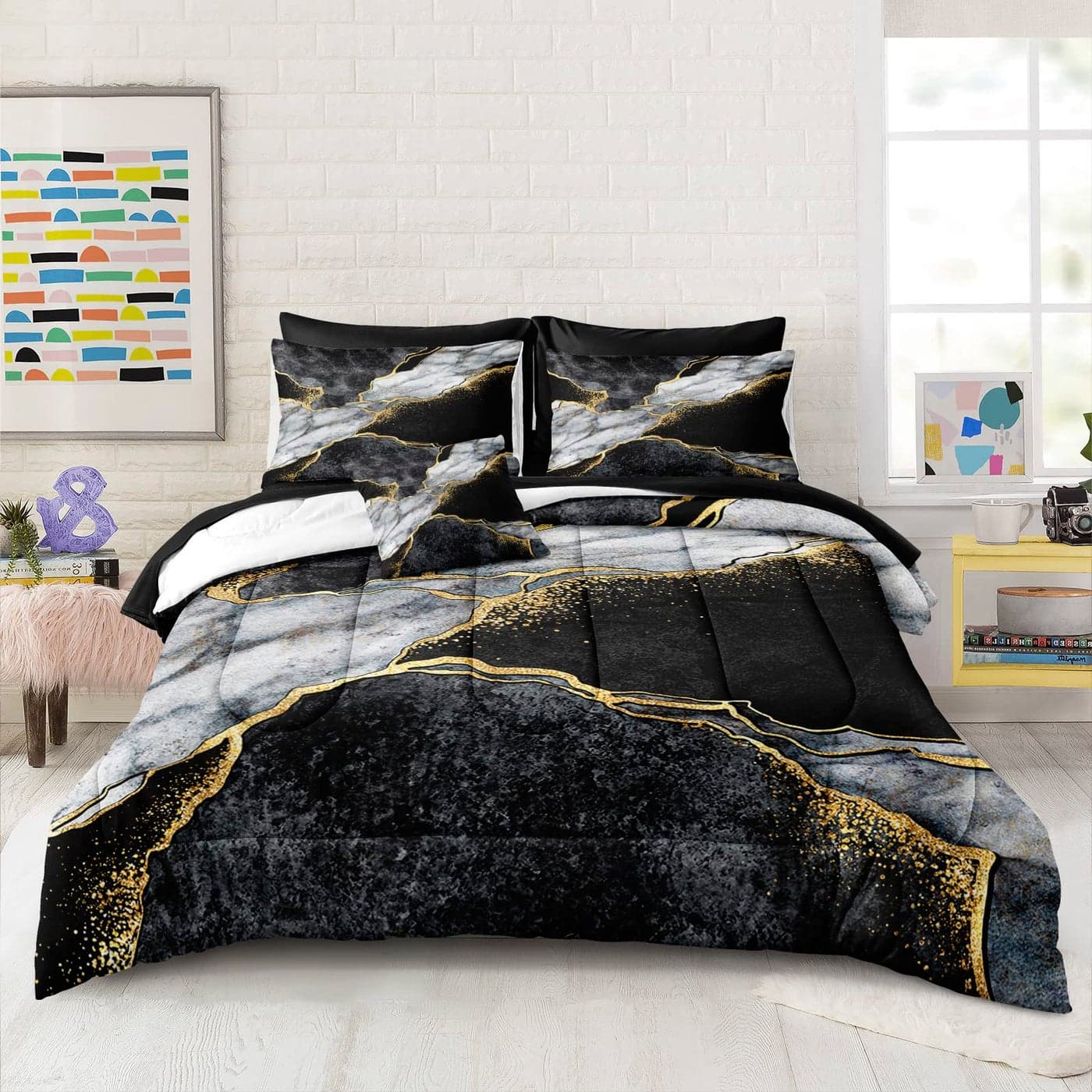 Merryword Black Marble Comforter Set Twin Size 6 Pieces Bed in a Bag Gold Metallic Marble Design Bedding with 1 Comforter 2 Pillowcases 1 Flat Sheet 1 Fitted Sheet 1 Cushion Cover