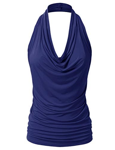 EIMIN Women's Casual Halter Neck Draped Front Sexy Open Back Tank Top Navy M