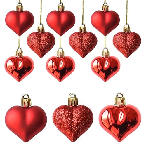 Tindobewan 12Pcs Heart Ornaments Multi Finish Heart Baubles Hanging Ornaments for Valentine’s Day Decor Mother's Day Christmas Tree Wedding Anniversary Party Decoration(Red)