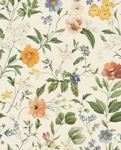 Peel and Stick Wallpaper Thick Self Adhesive Vinyl Roll Removable Waterproof Contact Paper for Bedroom Bathroom Cabinet Accent Wall Vintage Wildflower Meadow Retro Decor Cream Yellow 175 x 118