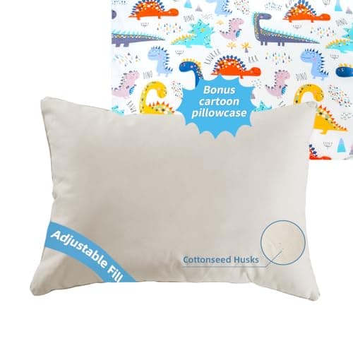 LOFE Organic Plilow with Cartoon Pillowcase 16x22 Kids Pillow with 100 Organic Cotton Shell Adjustable Organic Youth Pillow Machine Washable Softfor KidsYouthChildren Dinosaur