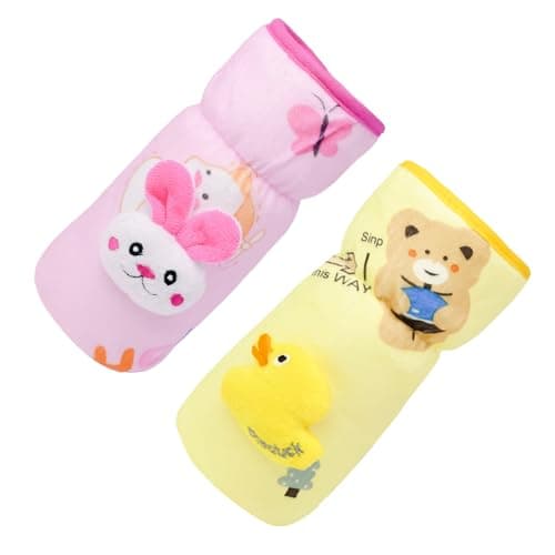 THE LITTLE LOOKERS Soft Plush Stretchable Baby Feeding Bottle Cover with Easy to Hold Strap | Cute Animated Overall Print Pack of 2 (Pink & Yellow, Narrow Neck 240ml/8oz)