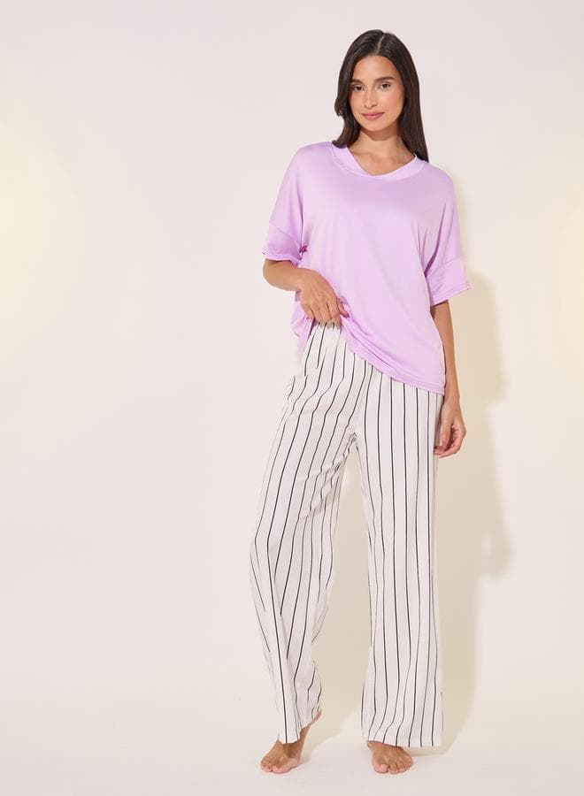 Solid V-Neck T-Shirt And Striped Pyjama Set