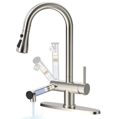 FEELSO Filter Kitchen Faucet, Stainless Steel Pull Down Sprayer, Reduces Lead Chlorine, High Arc 1 or 3 Hole Farmhouse Sink Faucet