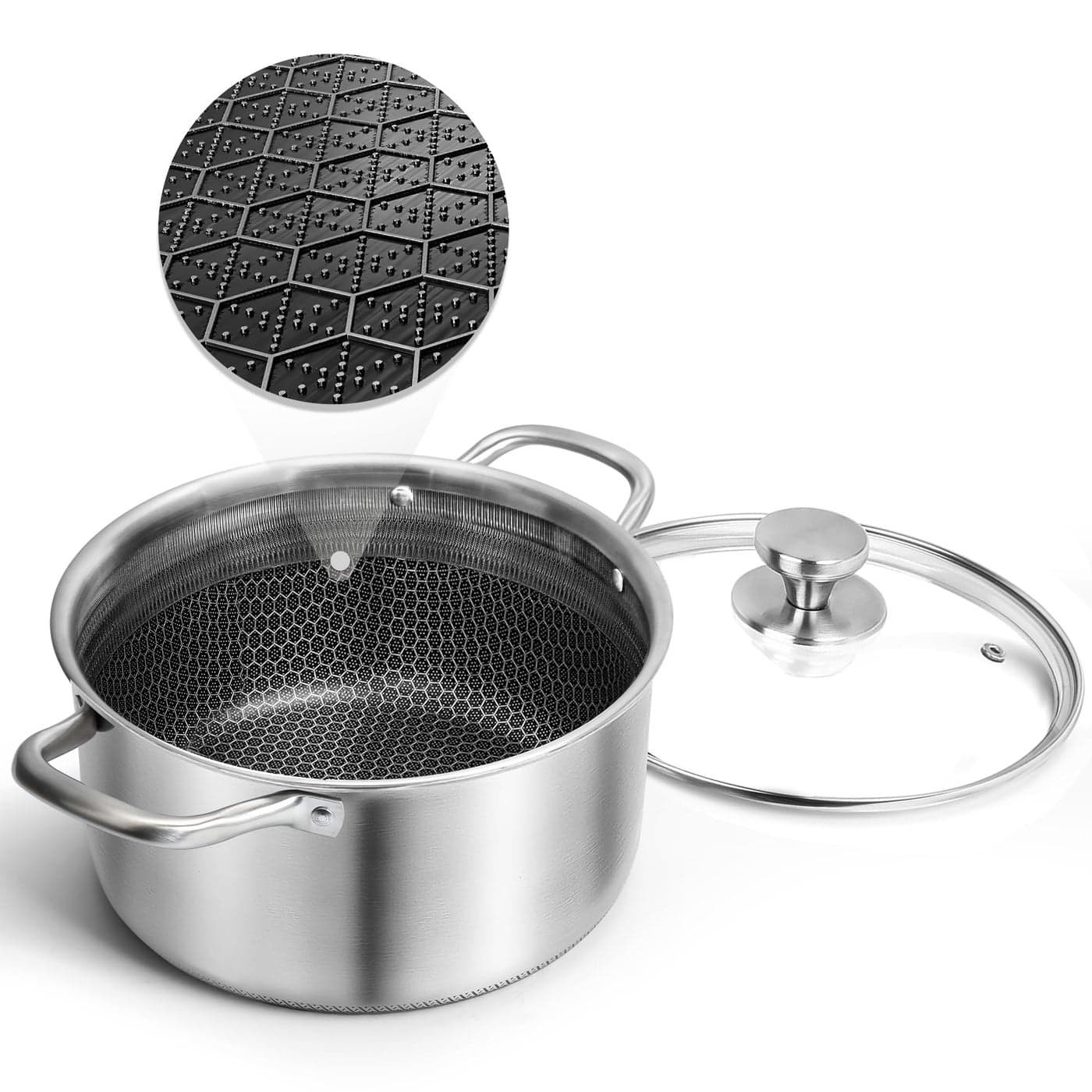 AuFranc Hybrid Nonstick 6 Quart Stainless Steel Stockpot with Glass Lid Induction Stock Pot with Honeycomb Carving Nonstick Soup Pot Compatible with All Cooktops NonToxic Dishwasher Oven Safe