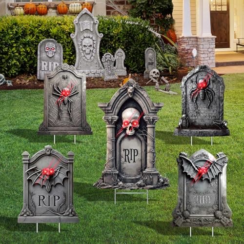 5 Pack Tombstone Halloween Decorations Plastic Yard Signs with StakesGraves Halloween Decorations Outdoor Scary Gravestone Decorations with Glow in Dark Eyes for Outdoor Yard Lawn Garden Waterproof
