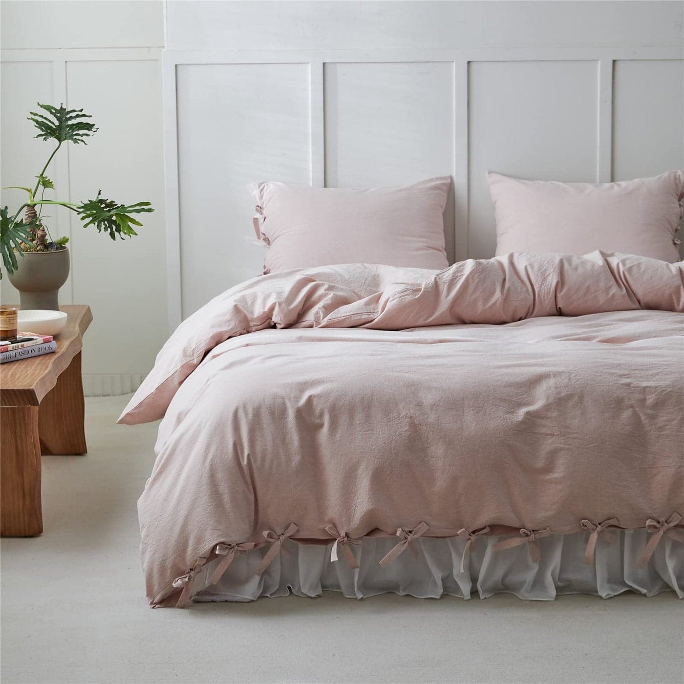 BISELINA 100% Washed Cotton Duvet Cover Set 2pcs with Bowknot Ties Strap Solid Color Linen Like Textured Durable Breathable Soft Comfy Chic Bedding (Twin, Pale Pink)