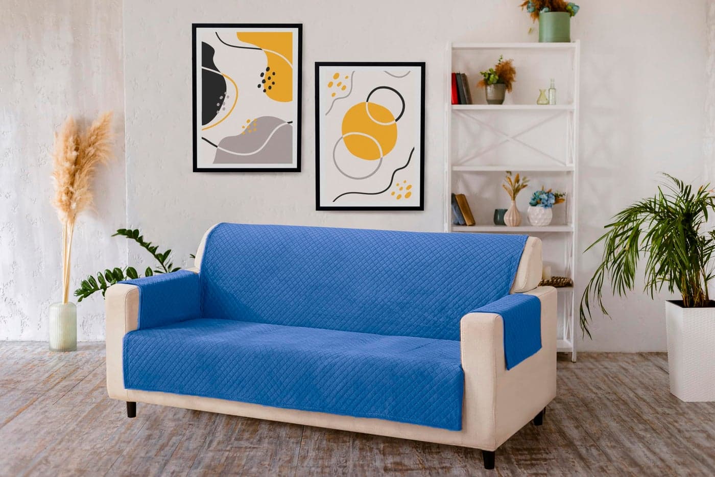 KINGLY Velvet Quilted Universal Elastic Sofa Cover Non-Slip Sofa Protector 3 Seater Armchair Cover with Machine Washable Adjustable Elastic Straps (3 Seater) (German Blue)