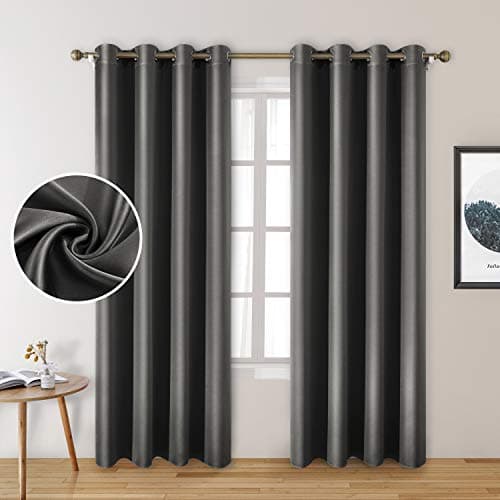 HOMEIDEAS 2 Panels Dark Grey Faux Silk Blackout Curtains, 52 X 84 Inch Room Darkening Satin Thermal Insulated Window Drapes for Bedroom, Indoor