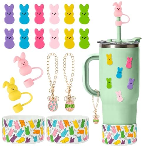 Qimgic Easter Bunny Cup Accessories - 18pcs Peep Silicone Boot with Straw Cover Eggs Handle Charm Compatible with 30 40 oz Tumblers, Colorful Rabbit Cup Sleeve Decor for Girls Women Gifts Spring Party