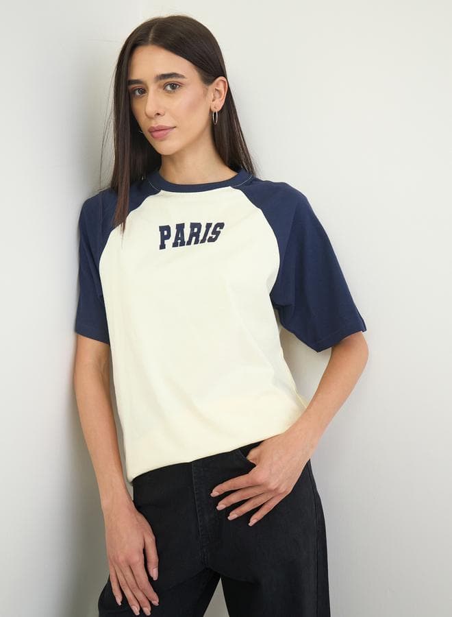 Cream Text Print Oversized Raglan Sleeve T-Shirt