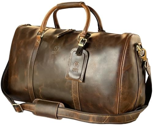 Leather Holdall Bags for Men - Travel Overnight Duffle - Weekend Carry On Suitcase - Underseat Flight Cabin Duffel Bag, Brown, L, Mens leather weekend bag