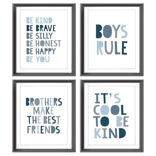 Brothers Make The Best Friends Boys Rules Affirmations Poster Prints for Home Boys Room Playroom Nursery Classroom Decor,Boho Navy Blue Colors Decorations Prints Wall Art Unframed 4pcs 8x10 Inches