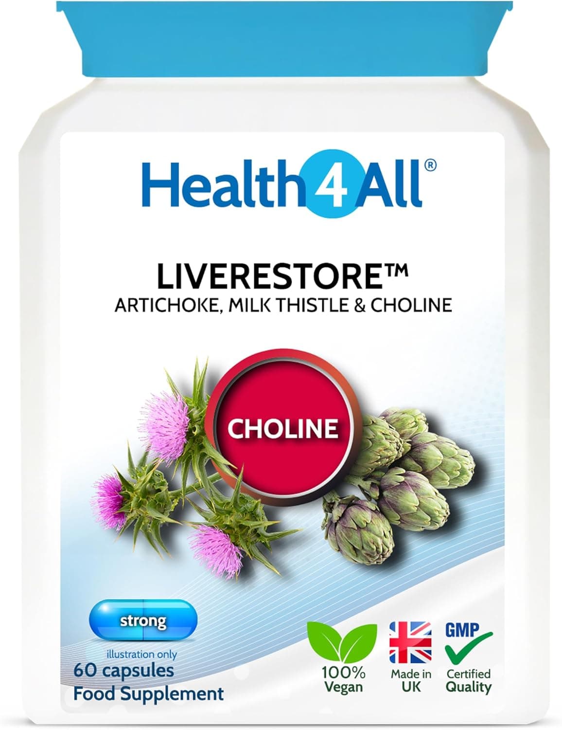 Health4All Liverestore Liver Cleanse Detox and Repair Capsules Milk Thistle 80 Silymarin Artichoke and Choline 60 Capsules Vegan Liver Health Support Supplement 2 Month Supply Made in UK