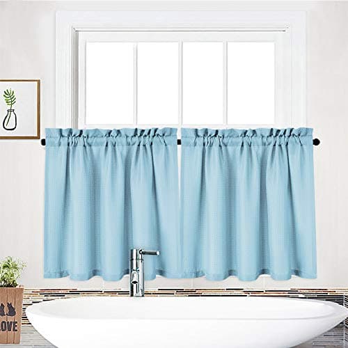 NANAN Kitchen Tiers Cafe Curtain Waffle Waterproof Bathroom Window Curtain Casual Waffle Weave Textured Half Window Covering Short Curtains for Bathroom 30 x 30 Dusty Blue Set of 2