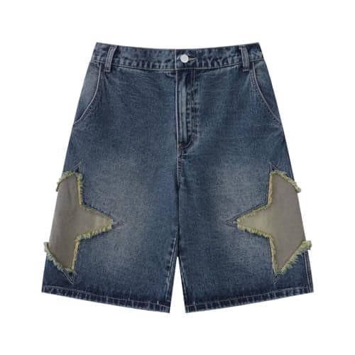 POHADON Y2K Blue Denim Shorts Summer Casual Loose Straight Leg Unisex Baggy Jeans Shorts Jorts Grunge Harajuku Streetwear (Star Patch,2XL)