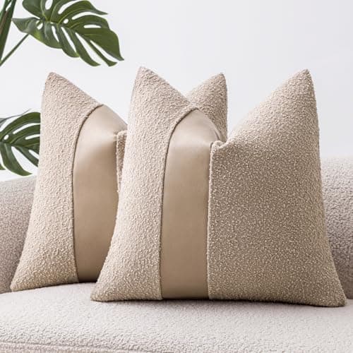 SINYASAN 18x18 Oatmeal Boucle Throw Pillow Covers with Faux Leather Accents Set of 2 Fluffy Textured Decorative Pillow Cases for Couch Bed Boho Farmhouse Square Cushion Covers for Nordic Home Dcor