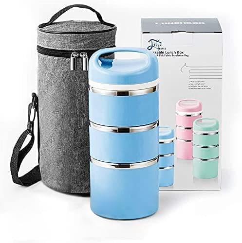 Lille Home Stackable Stainless Steel Thermal Compartment LunchSnack Box 3Tier Insulated BentoFood Container with Lunch Bag and Three Extra Seals 43OZ Blue