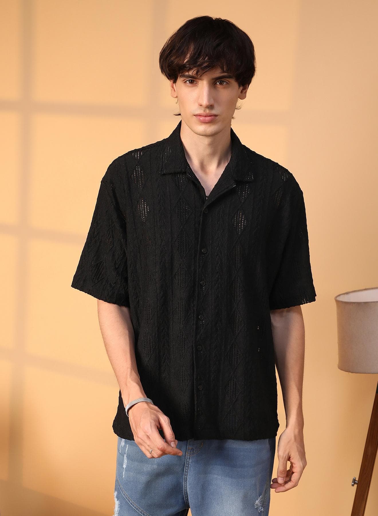 Men's Onyx Black Argyle-Textured Oversized Shirt