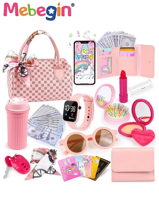 31PCS Makeup Set for Girls, Pretend Makeup Set with Large-capacity Bag, Lipstick, Comb, Car Key, Pretend Phone, Sunglasses and Other Rich Accessaries, Creative Princess Purse Toy, Fun Role-playing Toys, A Must-have in Girl's Bag, Ideal Gift for Girls