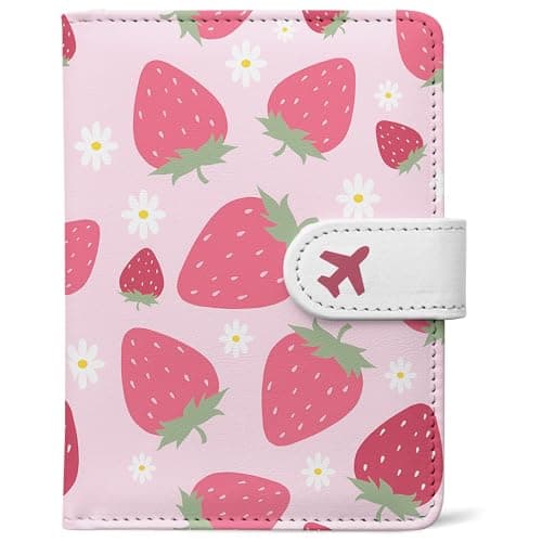 Passport Holder, Travel Wallet Cover with Pen Loop | Cute RFID Blocking Leather Case with Magnetic Closure for Travel Essentials-Strawberry