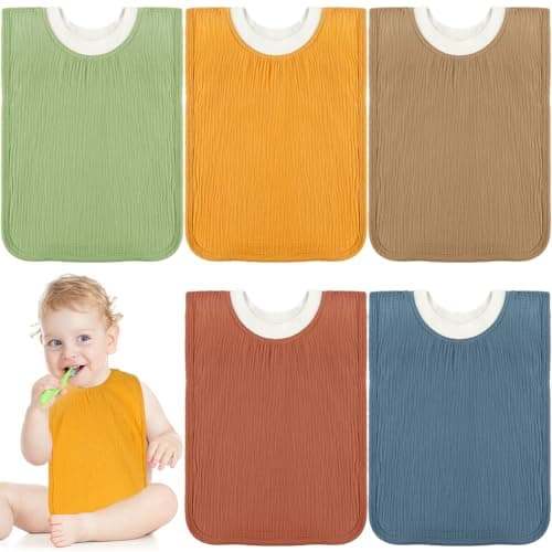 Newwiee 5 Pcs Large Muslin Pullover Baby Bibs Full Coverage Toddler Slip on Absorbent Bib Waterproof Toddler Towel Bibs (Classic Color)