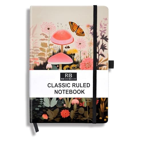 RICCO BELLO Lined Journal Notebook with Pen Holder, Hardcover, College Ruled, for Work, Notes | 96 Sheets /192 Lined Pages, 5.7 x 8.4-Inches (Mushroom Garden)