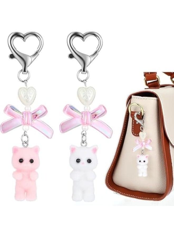 2 Pcs Cute Cat Keychain, Cute Pink Matching Keychains Fuzzy Cat Decor Gifts Cat Lovers Y2k Heart Bow Pendent for Women Girls Bag Cute Pendent Women Gifts