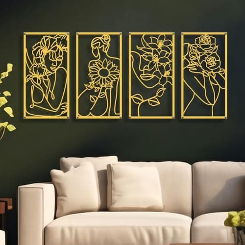 Zzbakress 4 Pcs Metal Minimalist Abstract Woman and Flower Wall Art Single Line Drawing Art Decoration Minimalist Home Hanging Wall Art Decor for Bedroom Kitchen Bathroom Living Room style1 Gold