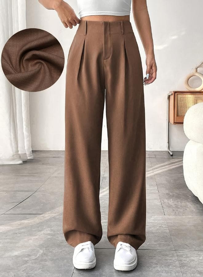 Brown Solid Pleated Detail Wide Leg Pant